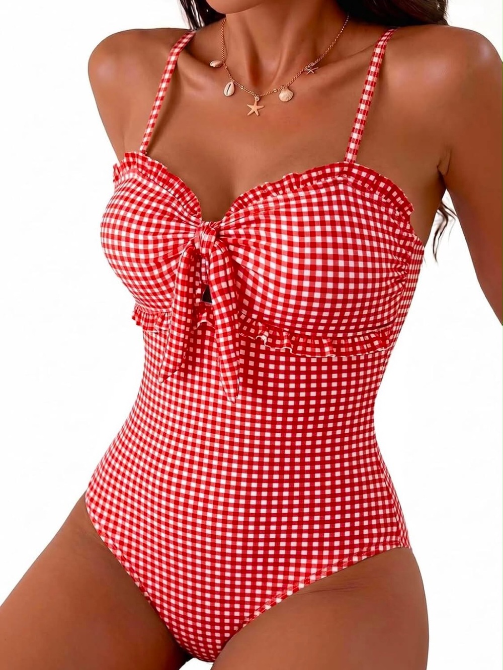 Red Gingham Tie-Front One-Piece Swimsuit